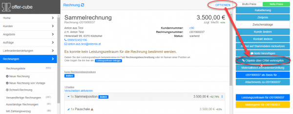 Optionen -> Objekte über CRM verknüpfen