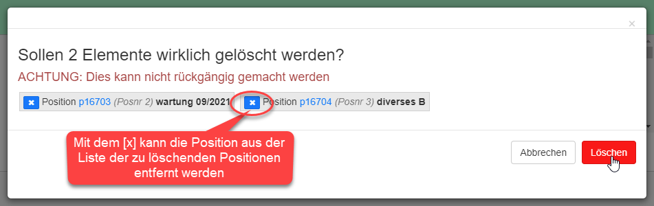 ausgewählte Positionen löschen