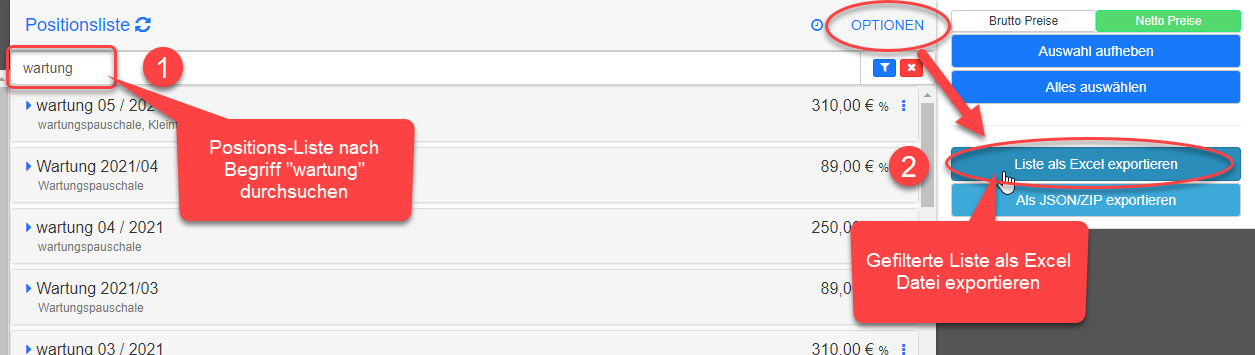 Positions-Liste -> Optionen -> Liste als Excel exportieren