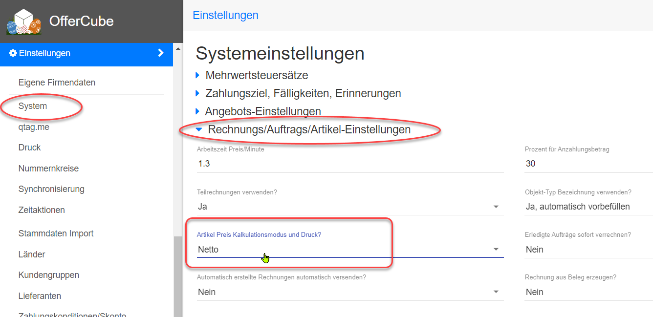 Einstellungen - Artikel Preis Kalkulationsmodus und Druck?