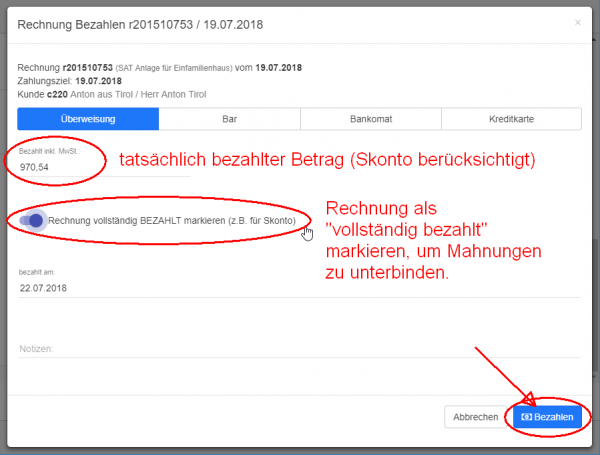 Rechnung als vollständig bezahlt markieren