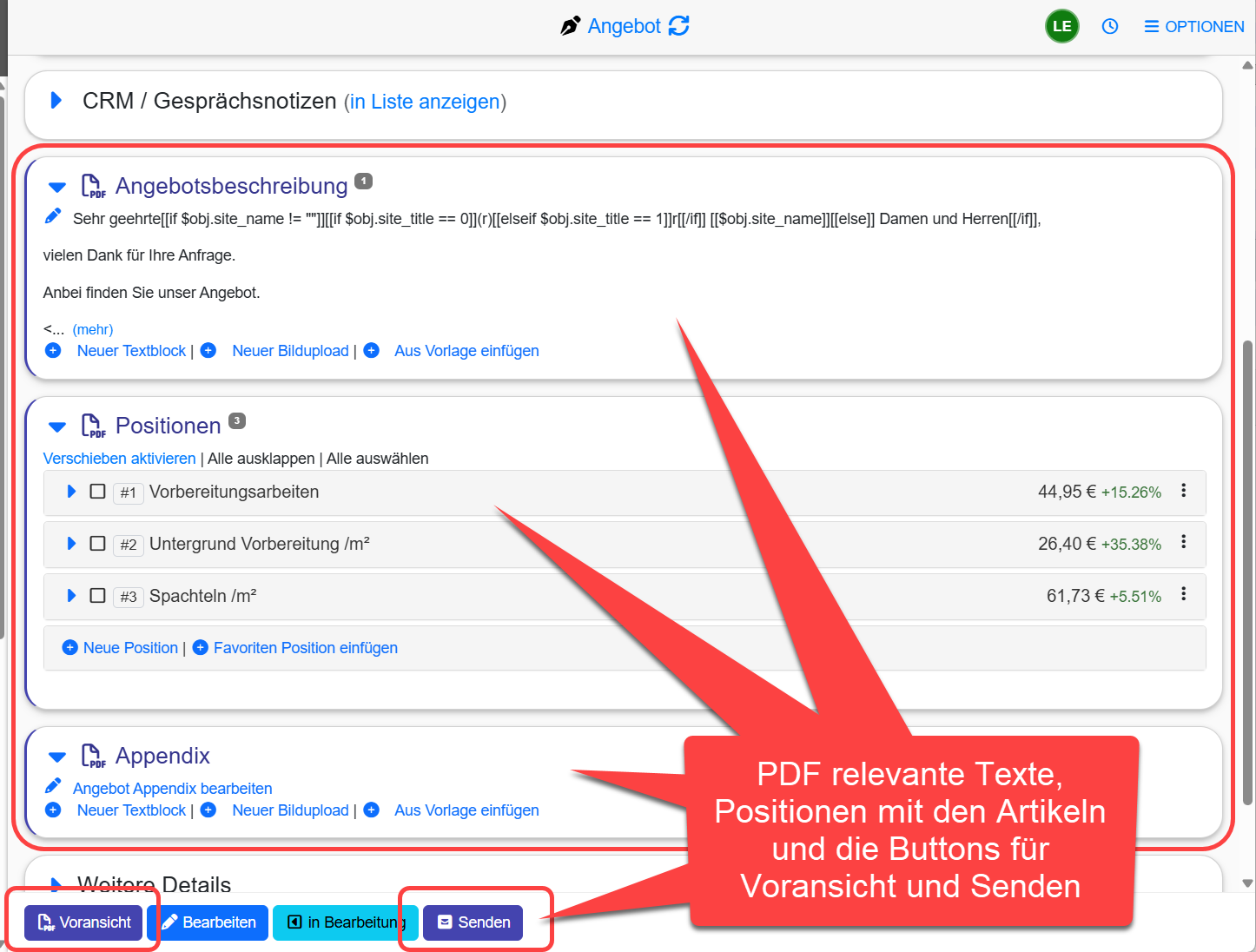 Inhalte des PDFs und Buttons für Voransicht und Versand