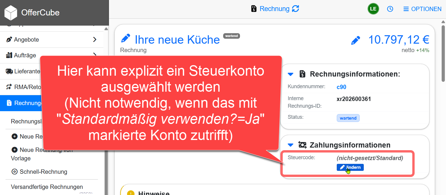 Steuerkonto in Rechnung auswählen