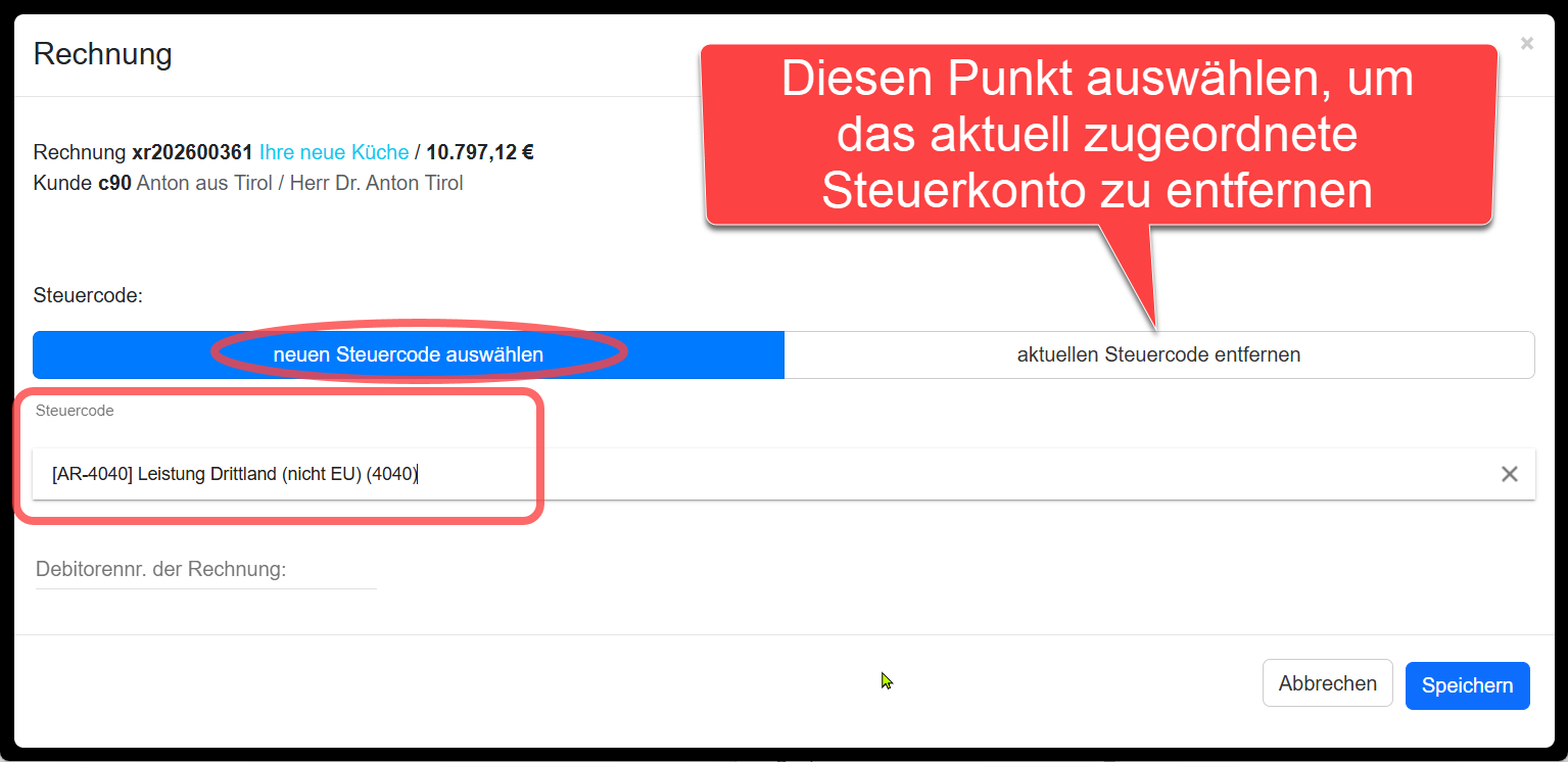 Steuerkonto in Rechnung auswählen Dialogbox