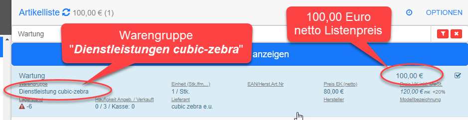 Artikel Liste Beispiel 100 Euro netto Listenpreis