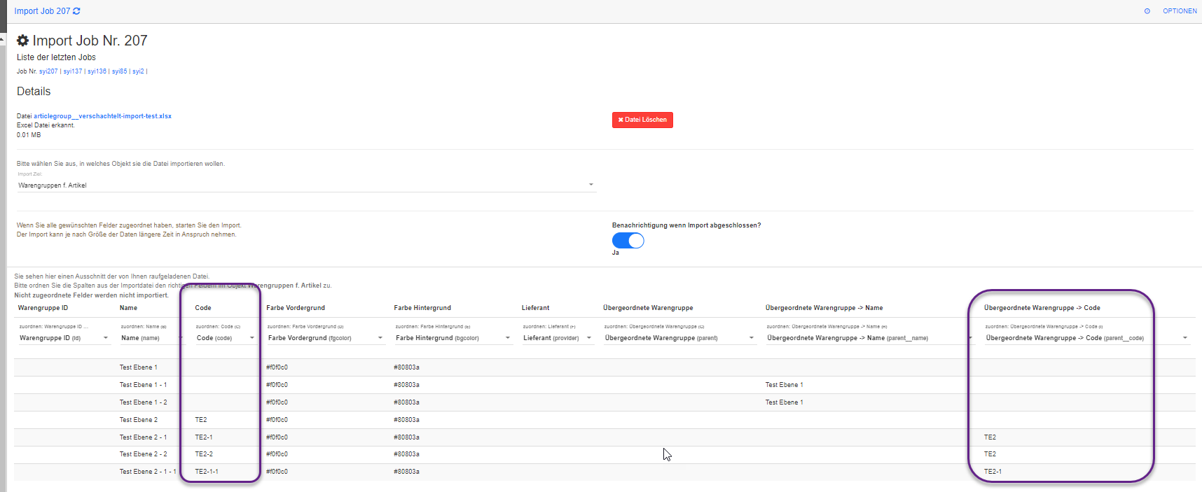 Einstellungen - Stammdaten Import - Prüfen des Feldes Code