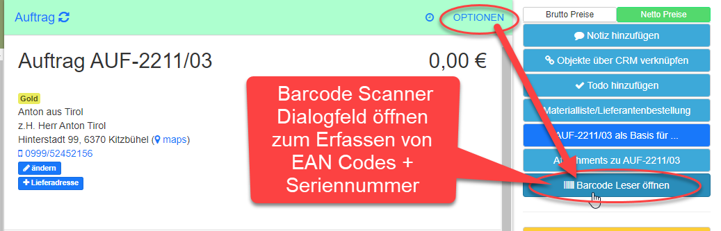 Auftrag Optionen - Barcode Leser öffnen