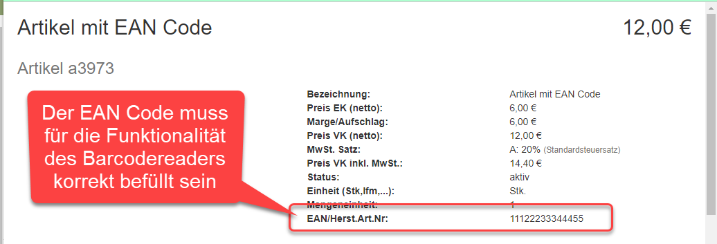 Artikel EAN Code muss befüllt sein