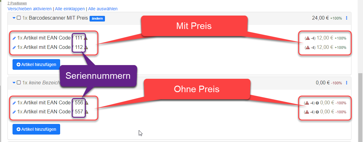 Artikel mit und ohne Preis eingefügt