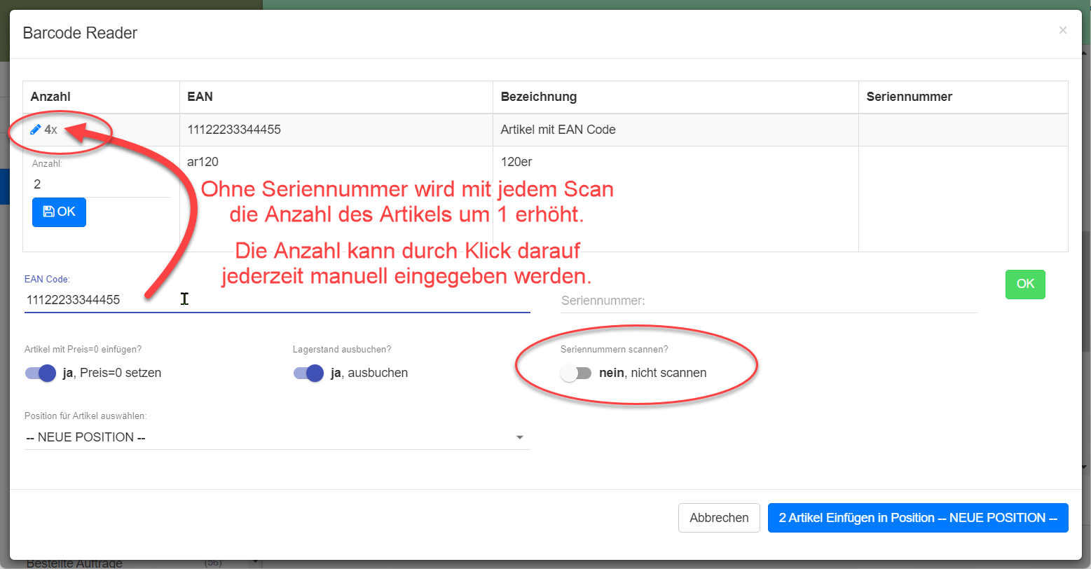 Scannen von Artikeln ohne Seriennummer