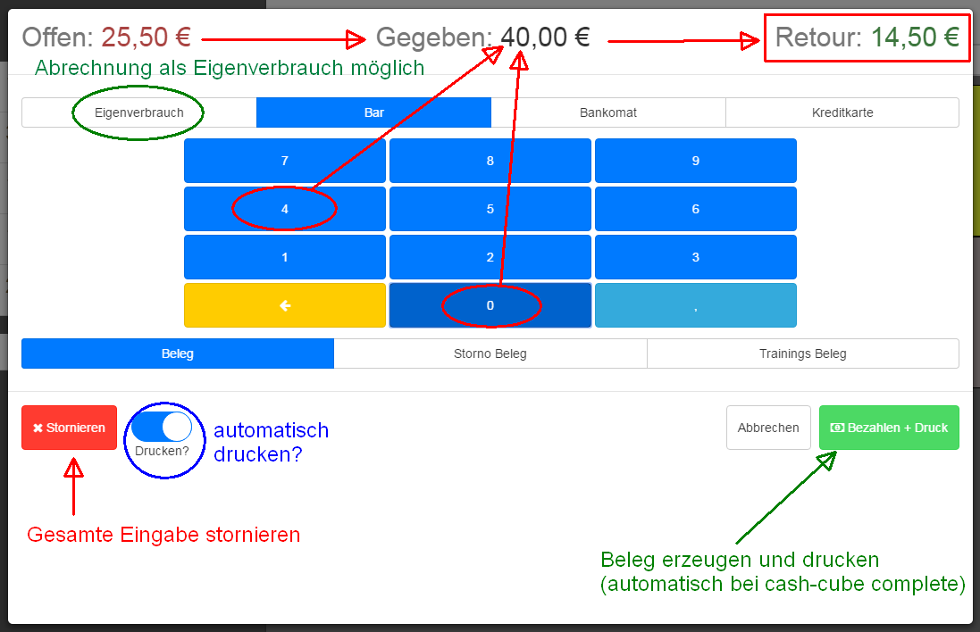 cash-cube "cantina" Oberfläche Verrechnung