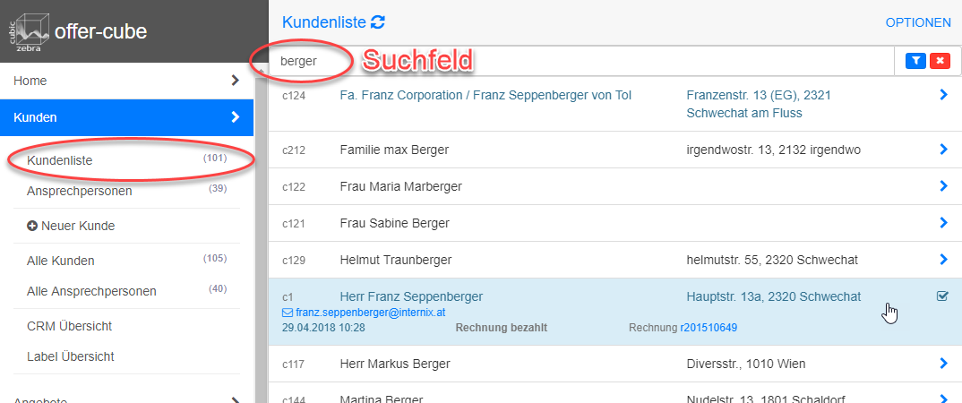 Kundenliste und Suchfeld