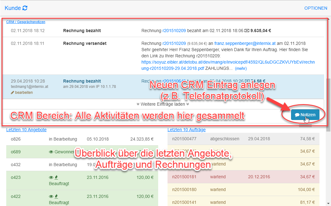 Kundendetails CRM Bereich