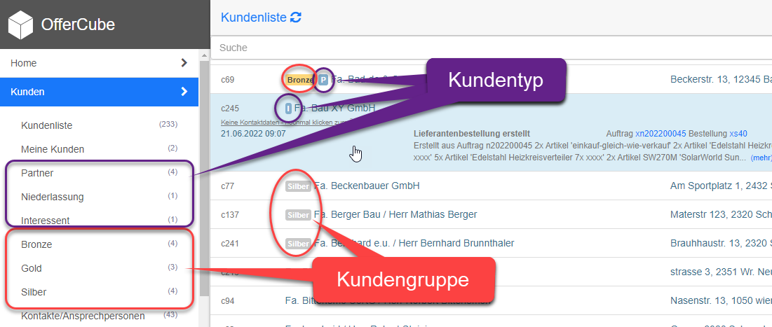 Kundentyp und Kundengruppe in der Listenübersicht