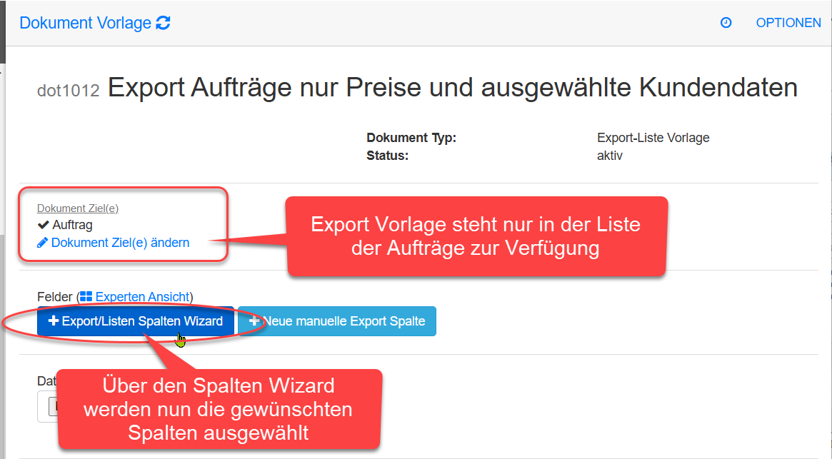 Spalten Wizard für Export öffnen