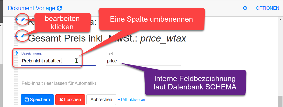 Spalte bearbeiten und Feld umbenennen