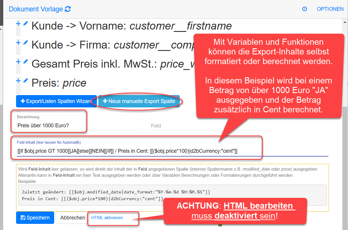 Feld Berechnung durch Variablen und Funktionen