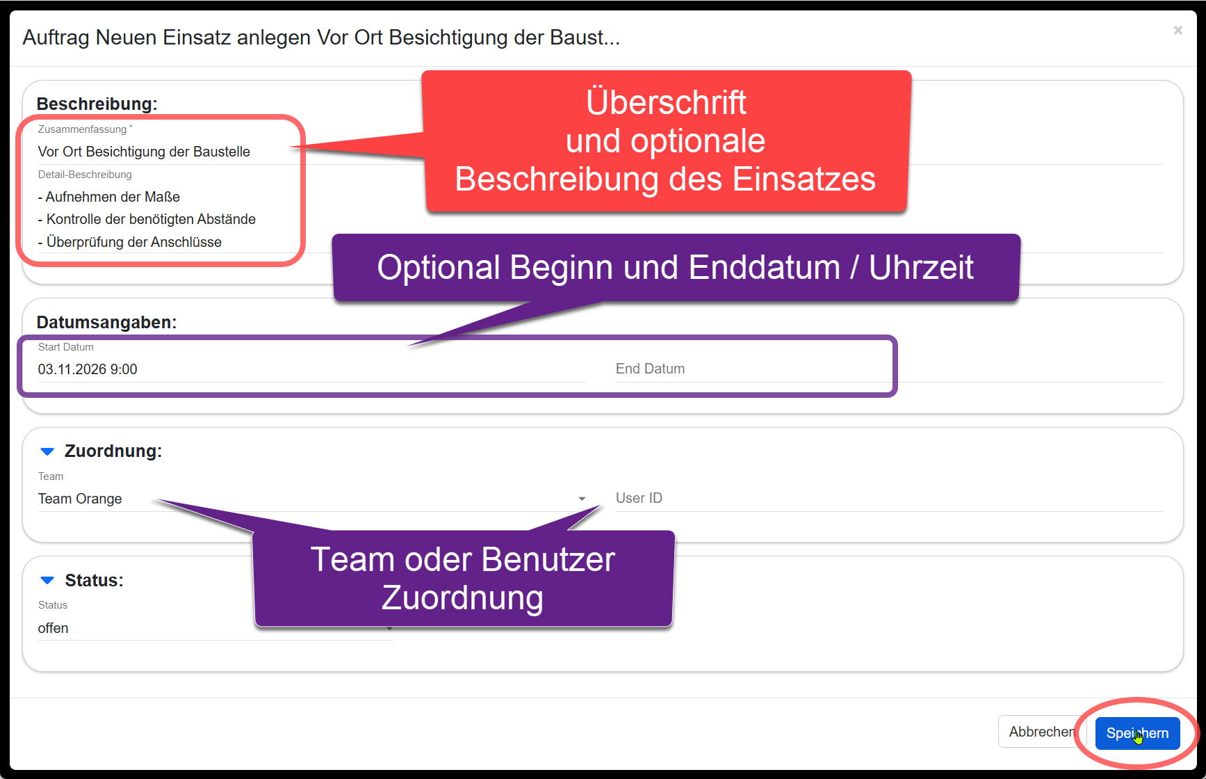 Dialogfenster Neuer Einsatz