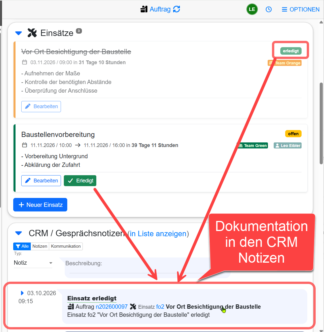 Dokumentation der Änderungen des Einsatzeintrags in CRM Notizen