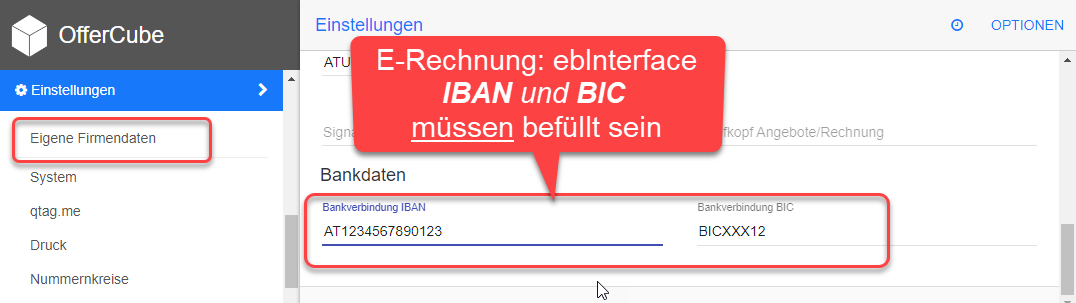 Einstellungen - Eigene Firmendaten - IBAN und BIC