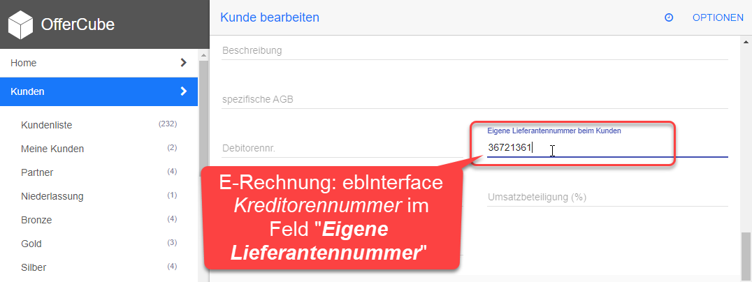 Kunde bearbeiten - Kreditoren-Nummer im Feld Eigene Lieferantennummer beim Kunden