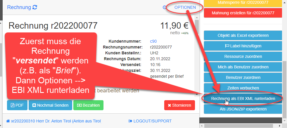 Zuerst Rechnung versenden - dann Optionen - EBI XML runterladen