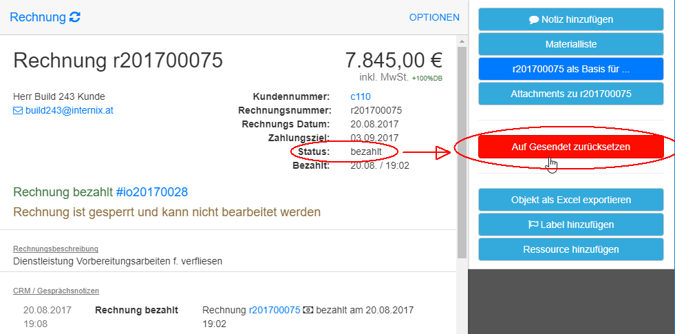 bezahlte Rechnung wieder auf gesendet setzen