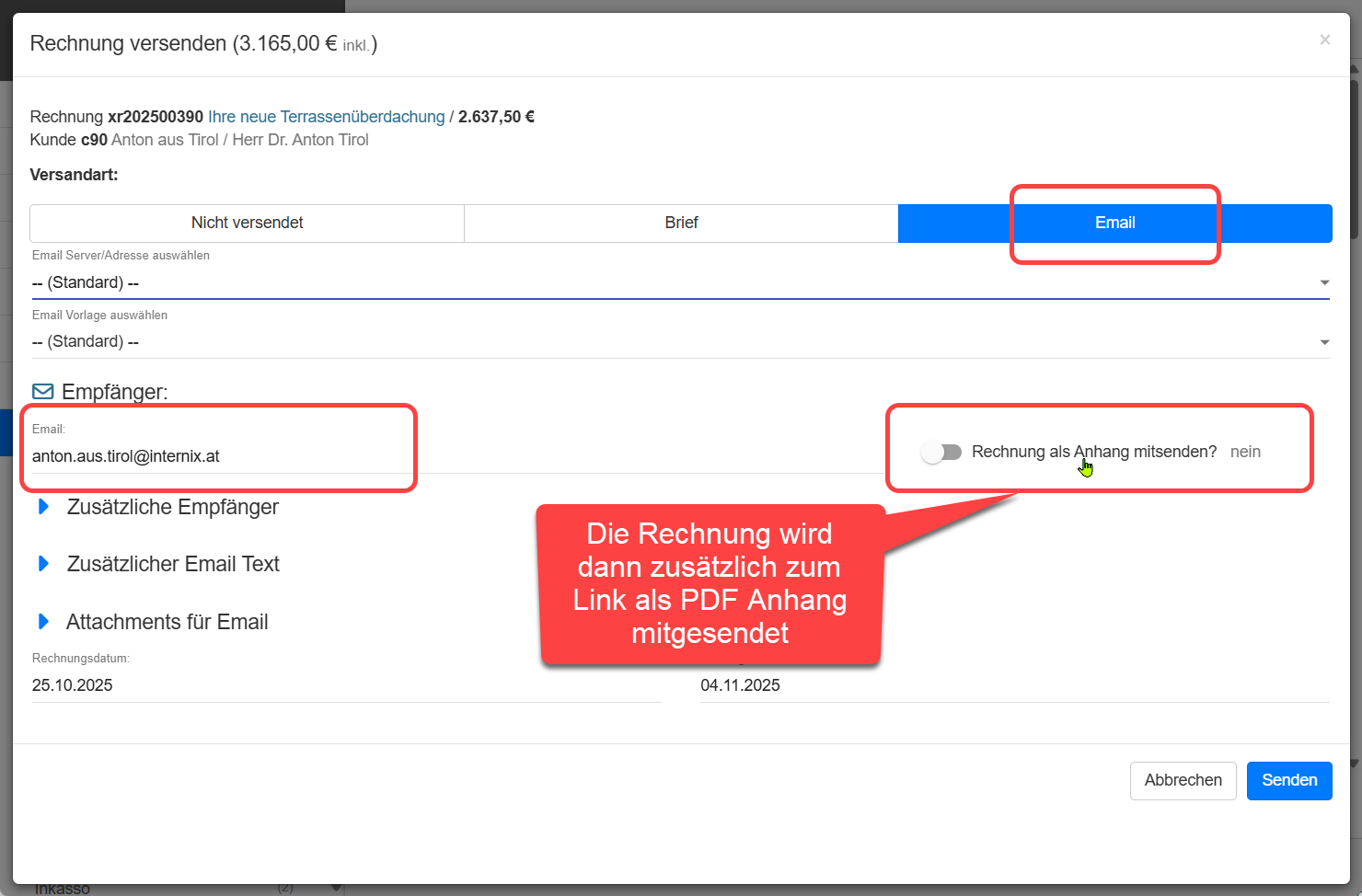 Rechnung versenden: Rechnung als Anhang mitsenden