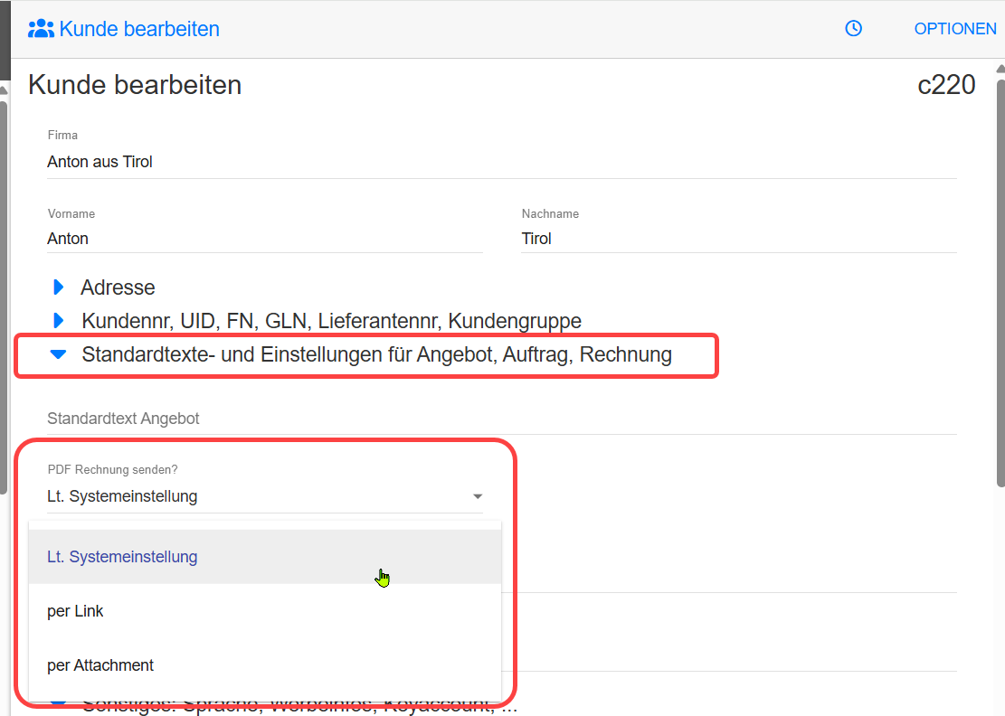 Kundenspezifische Einstellung: Rechnungs-PDFs als Link senden