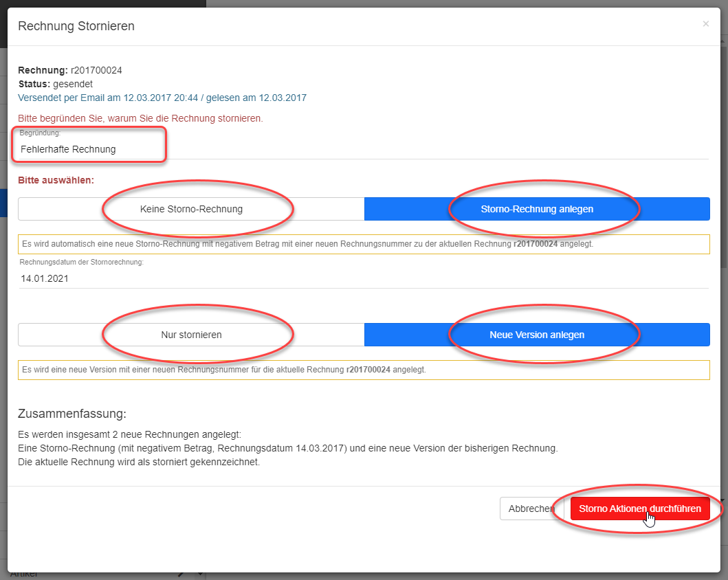 Rechnung Stornieren Dialog