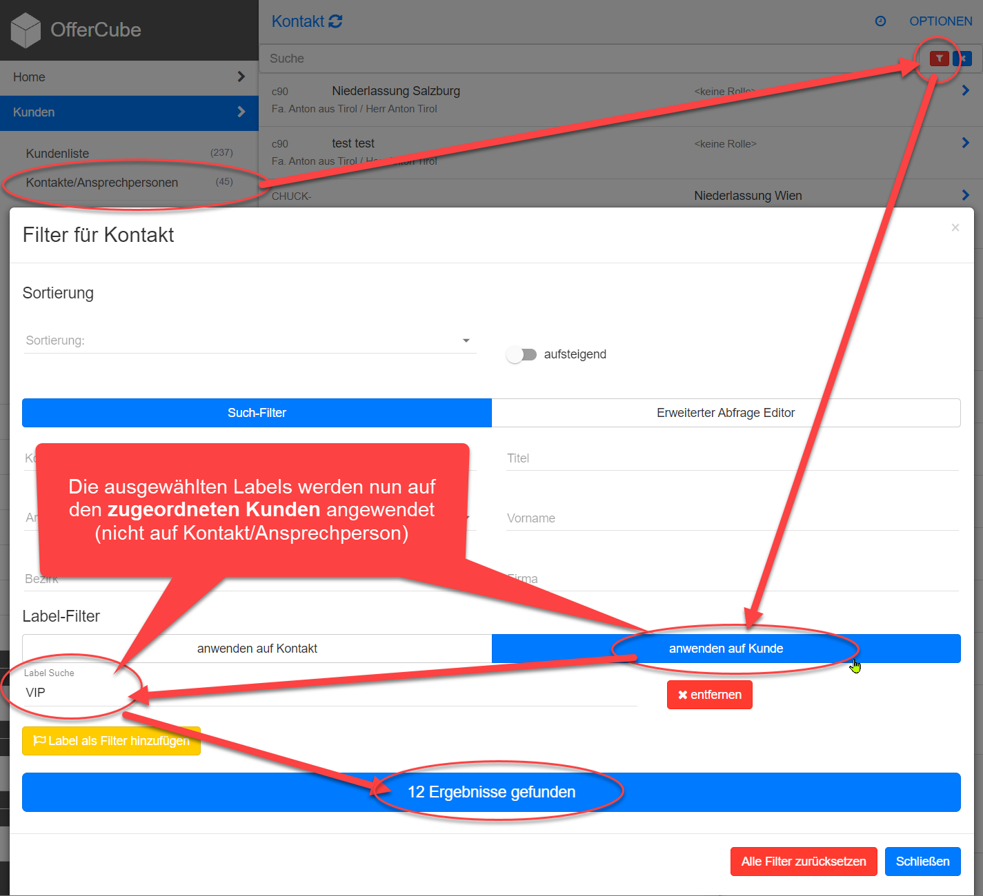 Label Filter auf Kunde anwenden