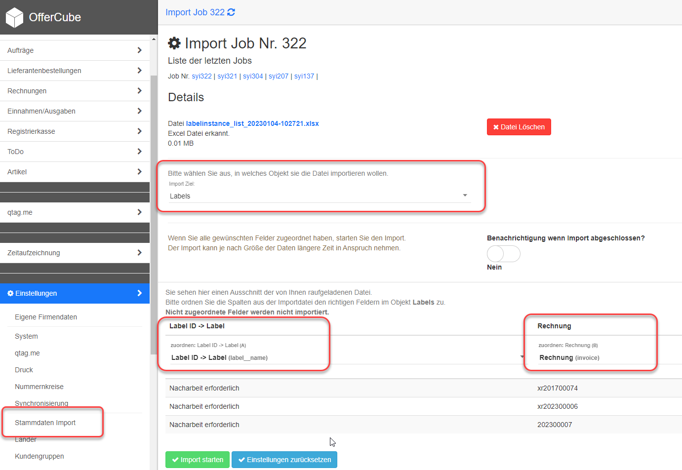 Label Import zu Rechnungen starten