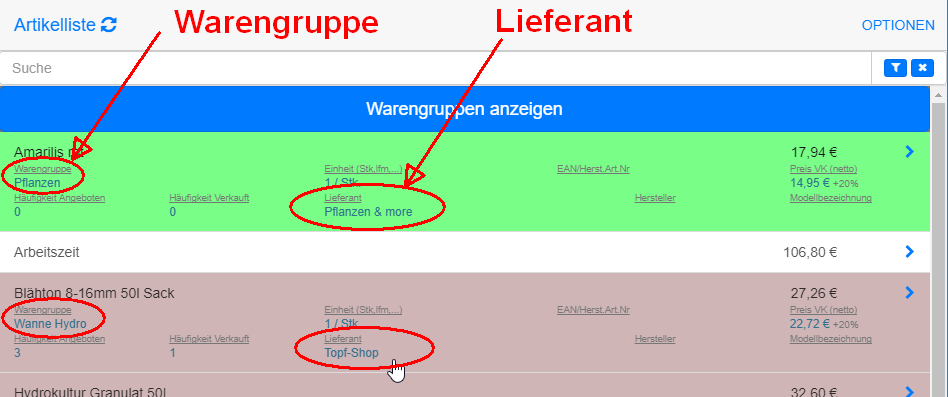 Artikel gepflegt mit Warengruppe und Lieferant