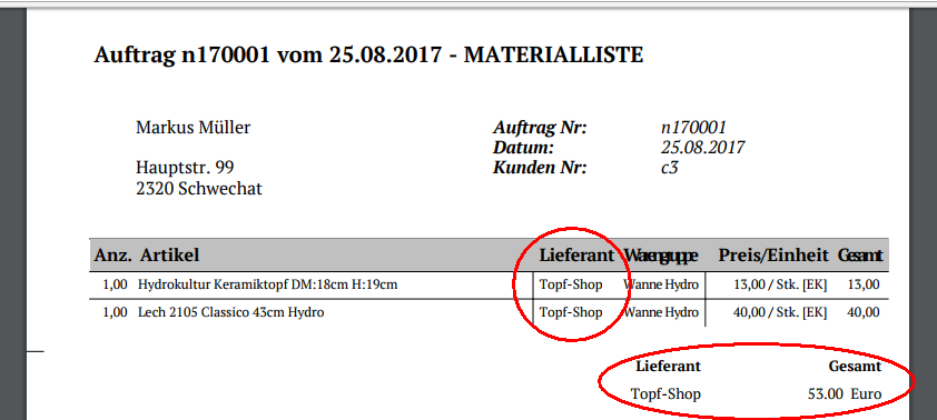 Materialliste Artikel eines Lieferanten