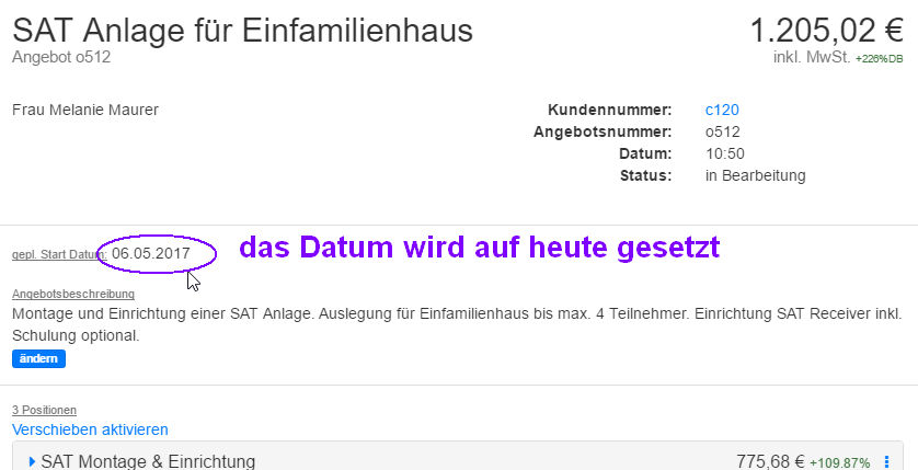 Angebot mit aktuellem Datum für neuen Kunden erstellt