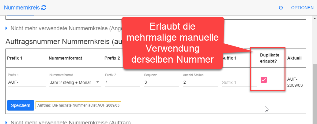 Referenznummer Duplikate erlauben