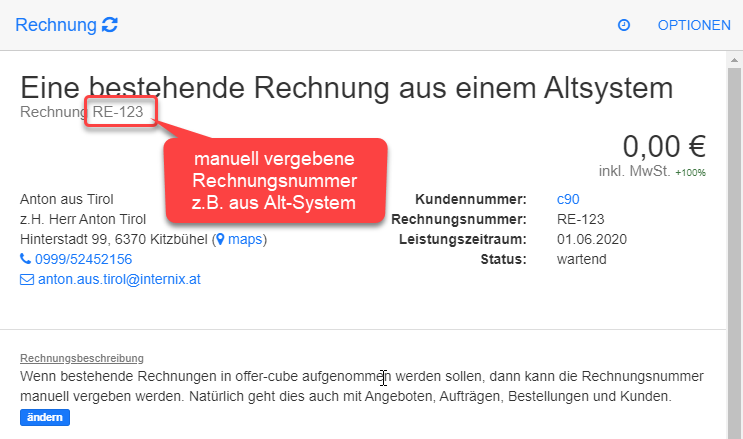 Bestehende Rechnungsnummer aus Altsystem