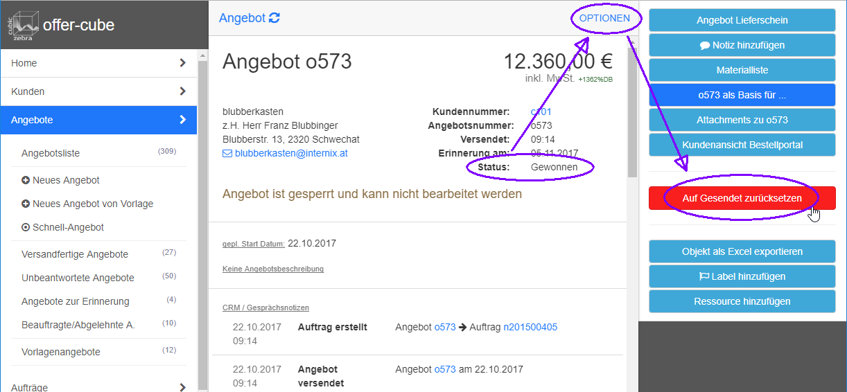 Gewonnenes Angebot wieder auf gesendet setzen