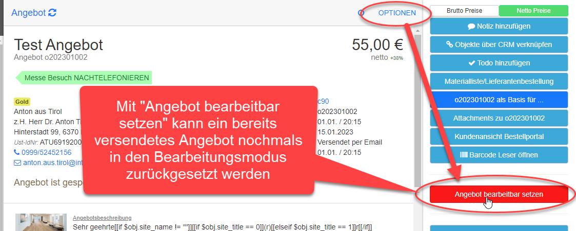 Optionen - Versendetes Angebot auf bearbeitbar zurücksetzen