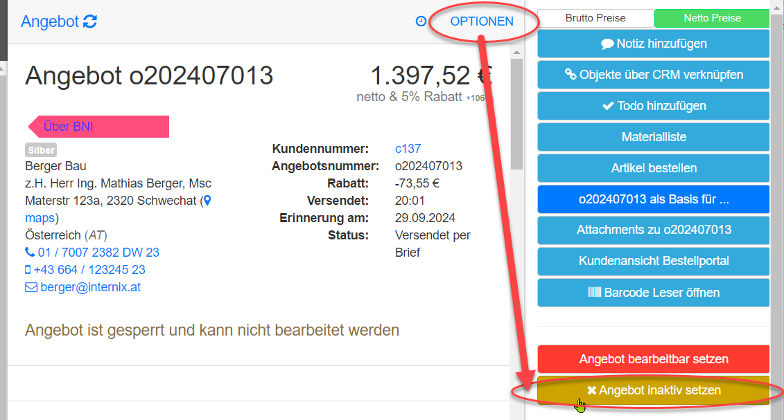 Angebot direkt inaktiv setzen