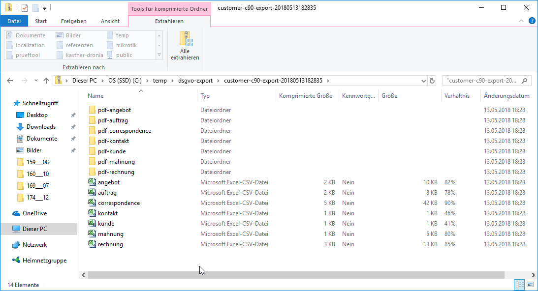 Export ZIP Inhalt