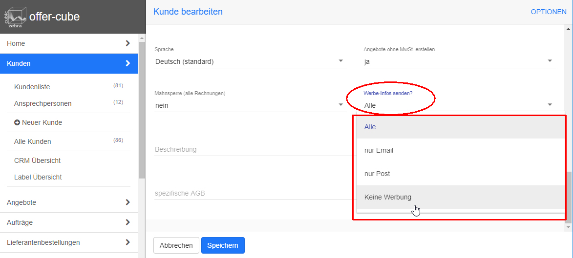 Kunde Werbe-Informationen senden