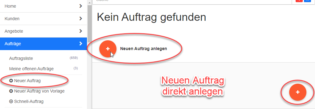 Neuen Auftrag direkt anlegen