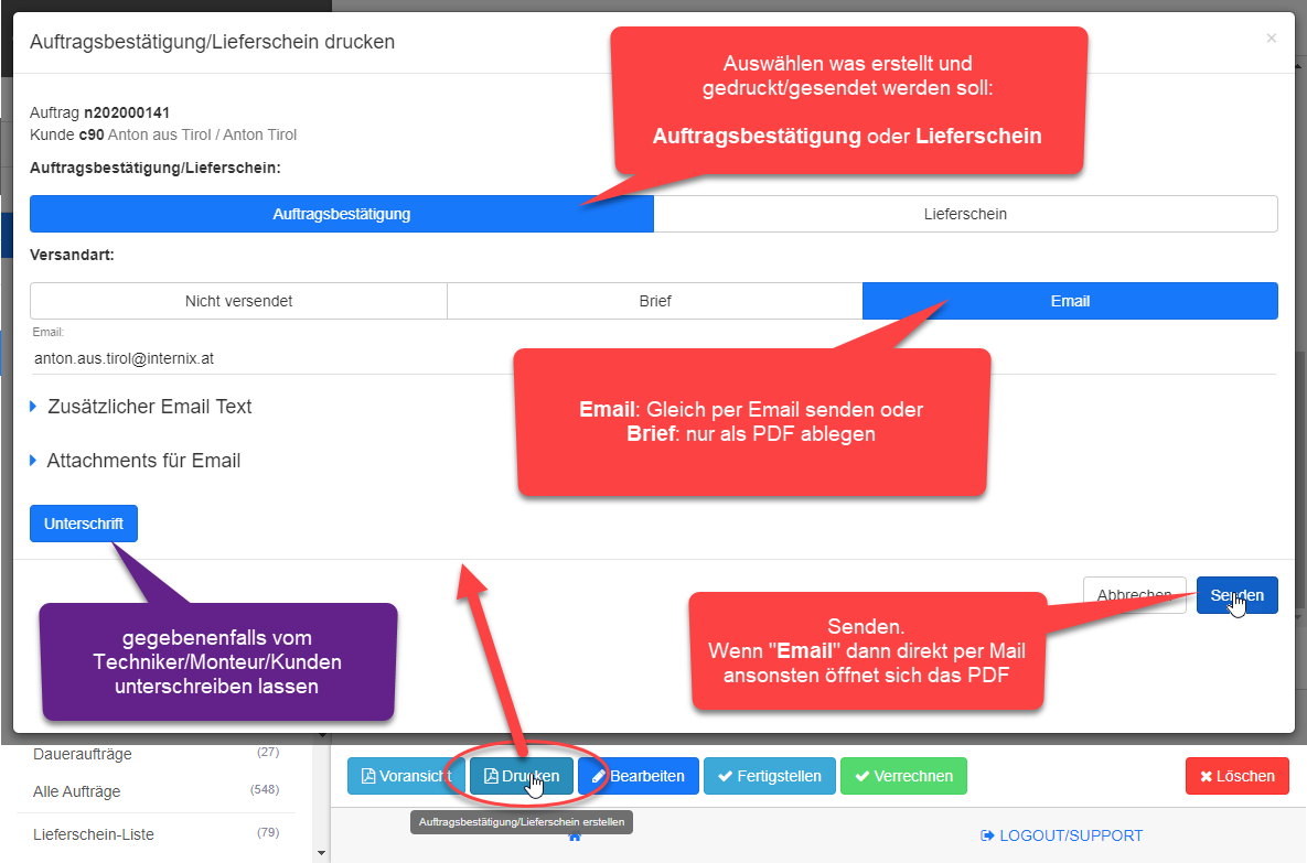 Auftragsbestätigung/Lieferschein per Email senden oder Drucken