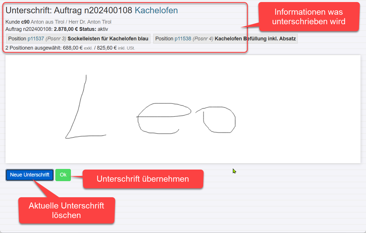 Fertiggestellte Positionen unterschreiben lassen