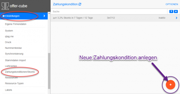 Zahlungskonditionen Liste und neu anlegen