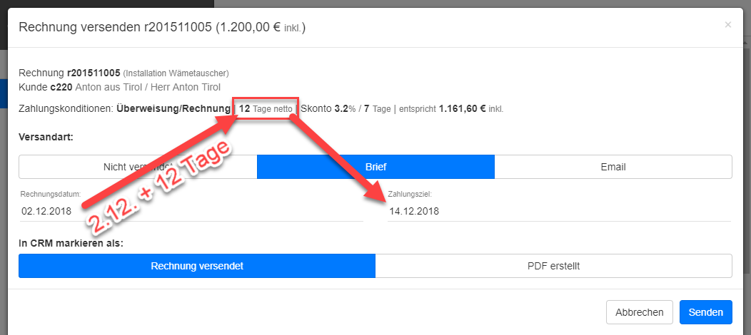 Rechnung Versand - Zahlungsziel aus Zahlungskonditionen übernommen