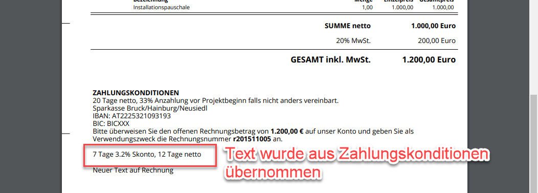 Rechnung PDF Text von Zahlungskonditionen übernommen