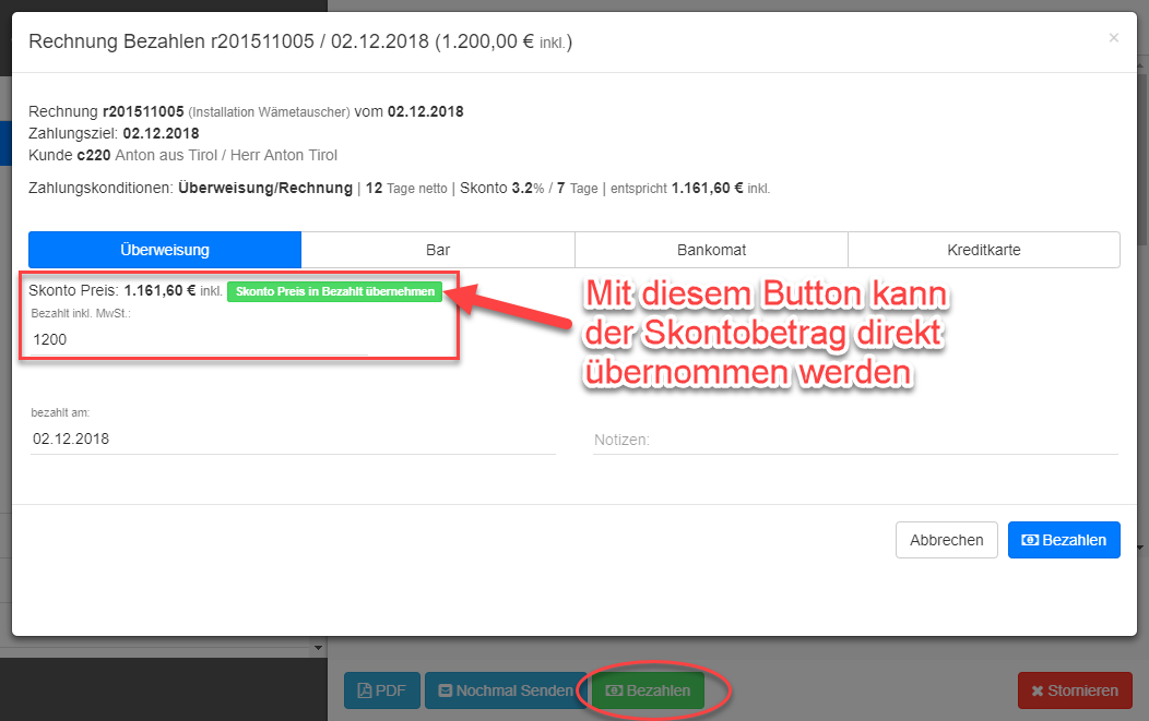 Rechnung mit Skonto auf Bezahlt setzen