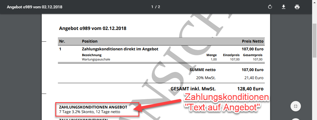 Angebot PDF mit Zahlungskonditionen